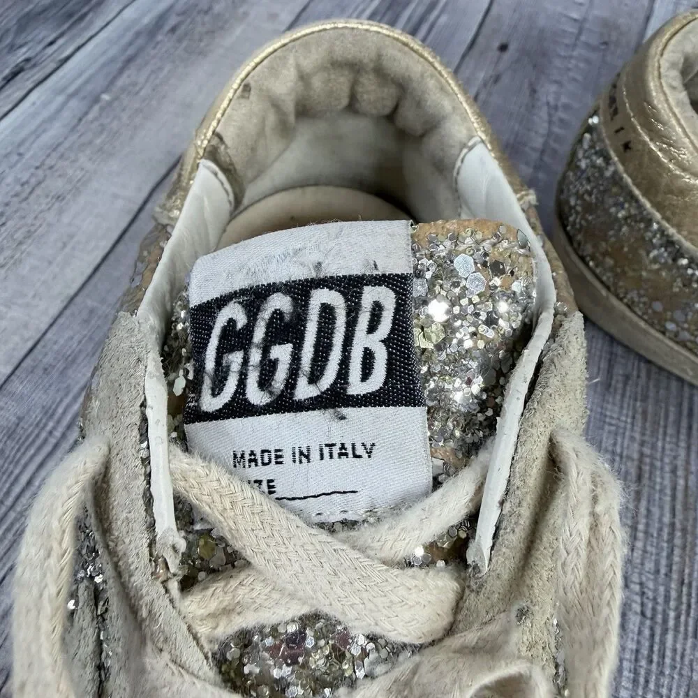 Golden Goose Super-Star Girls Size 1.5Y EUR 34 Silver Glitter Shoes Sneakers